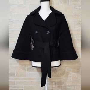 Hazel 100% Wool Belted Cape Coat Black Double Breasted — Size M